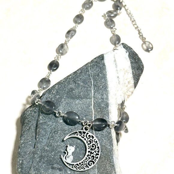 Genuine Grey Tourmalinated Quartz Short Necklace, Gemstone w/ Cat on the Moon - Picture 4 of 14